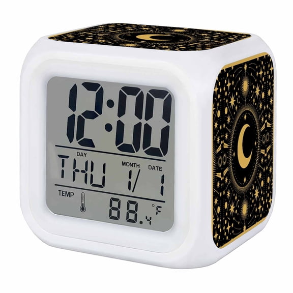 Alarm Clocks Stars Moon Digital Clock 7 Color LED Night Light Silent Non-Ticking Battery Operated Black Geometric Gorgeous Starry Night Cube Clocks for Bedroom Bedside Living Room Office School