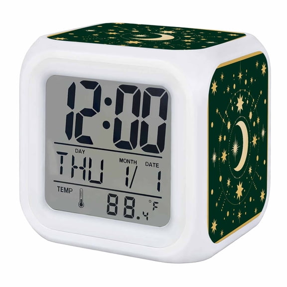 Alarm Clocks Stars Moon Digital Clock 7 Color LED Night Light Silent Non-Ticking Battery Operated Green Bohemian Gorgeous Starry Night Cube Clocks for Bedroom Bedside Living Room Office School