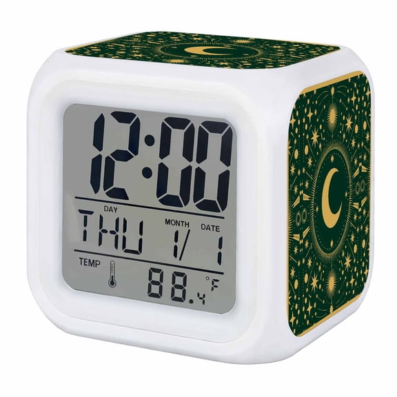 Alarm Clocks Stars Moon Digital Clock 7 Color LED Night Light Silent Non-Ticking Battery Operated Green Geometric Gorgeous Starry Night Cube Clocks for Bedroom Bedside Living Room Office School