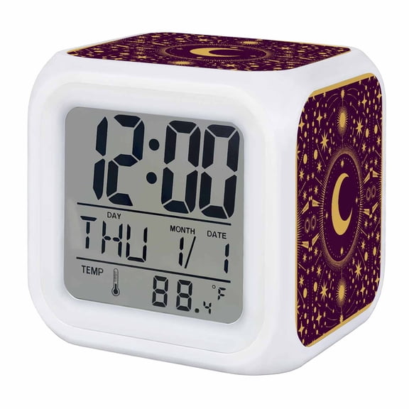 Alarm Clocks Stars Moon Digital Clock 7 Color LED Night Light Silent Non-Ticking Battery Operated Purple Geometric Gorgeous Starry Night Cube Clocks for Bedroom Bedside Living Room Office School