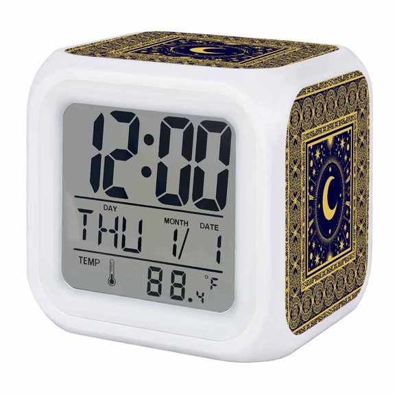 Alarm Clocks Stars Moon Digital Clock 7 Color LED Night Light Silent Non-Ticking Battery Operated Yellow Bohemian Gorgeous Geometric Cube Clocks for Bedroom Bedside Living Room Office School