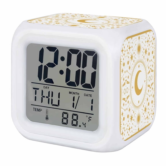 Alarm Clocks Stars Moon Digital Clock 7 Color LED Night Light Silent Non-Ticking Battery Operated Yellow Geometric Gorgeous Starry Night Cube Clocks for Bedroom Bedside Living Room Office School