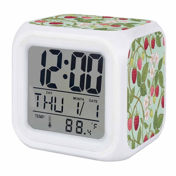 Alarm Clocks Strawberry Digital Clock 7 Color LED Night Light Silent Non-Ticking Battery Operated Fruit Green Growing Vines Flower Cube Clocks for Bedroom Bedside Living Room Office School Decor