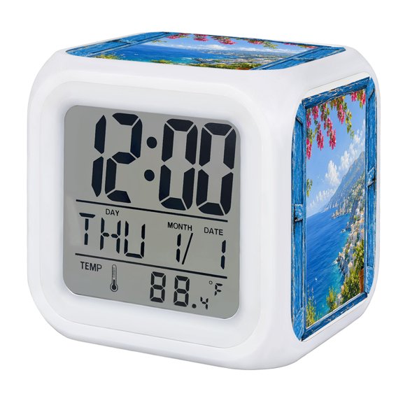 Alarm Clocks Summer Beach Coastal Digital Clock 7 Color LED Night Light Silent Non-Ticking Battery Operated Scenery Window View Cube Clocks for Bedroom Bedside Living Room Office School Decor