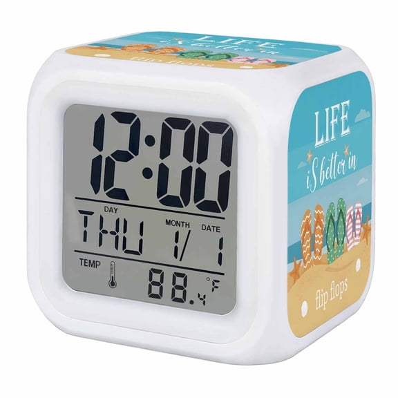 Alarm Clocks Summer Beach Starfish Digital Clock 7 Color LED Night Light Silent Non-Ticking Battery Operated Life Is Better in Flip Flops Cube Clocks for Bedroom Bedside Living Room Office School