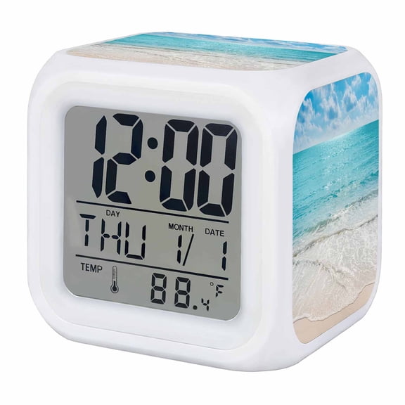 Alarm Clocks Summer Beach Waves Digital Clock 7 Color LED Night Light Silent Non-Ticking Battery Operated Ocean Blue Sky Cube Clocks Decorative for Bedroom Bedside Living Room Office School Decor