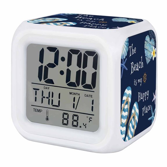 Alarm Clocks Summer Flip Flops Digital Clock 7 Color LED Night Light Silent Non-Ticking Battery Operated Navy The Beach Is My Happy Place Cube Clocks for Bedroom Bedside Living Room Office Decor