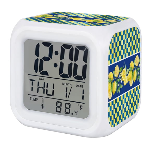 Alarm Clocks Summer Lemon Digital Clock 7 Color LED Night Light Silent Non-Ticking Battery Operated Fruit Blue Yellow Plaid Cube Clocks Decorative for Bedroom Bedside Living Room Office School Decor