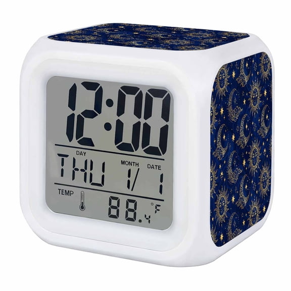 Alarm Clocks Sun and Moon Digital Clock 7 Color LED Night Light Silent Non-Ticking Battery Operated Bohemian Star Starry Night Cube Clocks for Bedroom Bedside Living Room Office School Decor