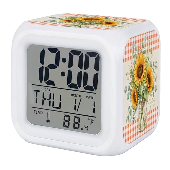 Alarm Clocks Sunflower Digital Clock 7 Color LED Night Light Silent Non-Ticking Battery Operated Glass Mason Jar Red Plaid Linen Cube Clocks for Bedroom Bedside Living Room Office School Decor