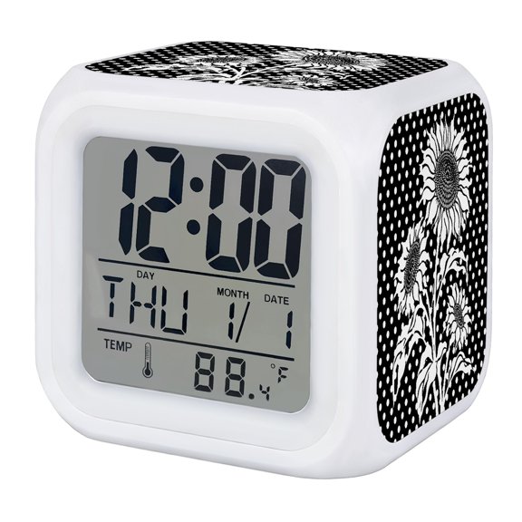 Alarm Clocks Sunflower Digital Clock 7 Color LED Night Light Silent Non-Ticking Battery Operated Summer Floral Black Polka Dots Cube Clocks for Bedroom Bedside Living Room Office School Decor