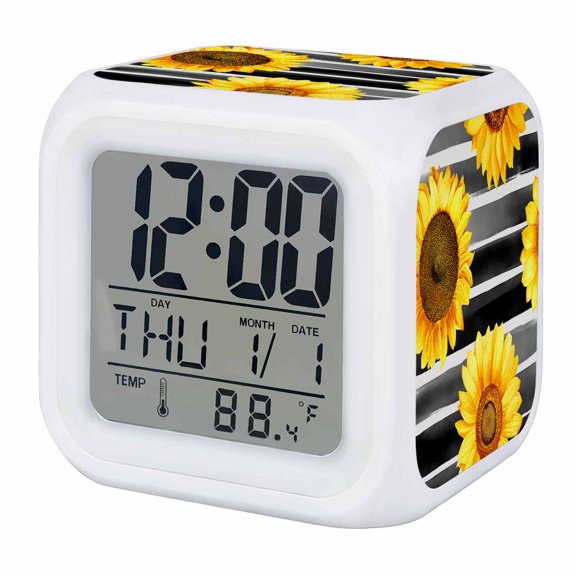 Alarm Clocks Sunflower Digital Clock 7 Color LED Night Light Silent Non-Ticking Battery Operated Watercolor Floral Black Stripes Cube Clocks for Bedroom Bedside Living Room Office School Decor