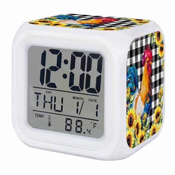 Alarm Clocks Sunflower Rooster Digital Clock 7 Color LED Night Light Silent Non-Ticking Battery Operated Farm Animal Black Buffalo Plaid Cube Clocks for Bedroom Bedside Living Room Office School