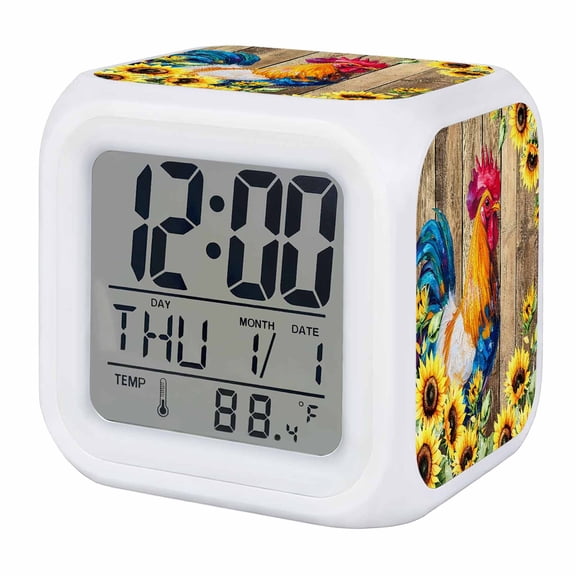 Alarm Clocks Sunflower Rooster Digital Clock 7 Color LED Night Light Silent Non-Ticking Battery Operated Farm Animal Wood Grain Cube Clocks Decorative for Bedroom Bedside Living Room Office School