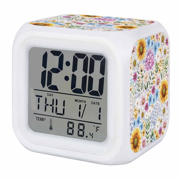Alarm Clocks Sunflowers Hydrangea Floral Digital Clock 7 Color LED Night Light Silent Non-Ticking Battery Operated Daisy Green Leaves Cube Clocks for Bedroom Bedside Living Room Office School
