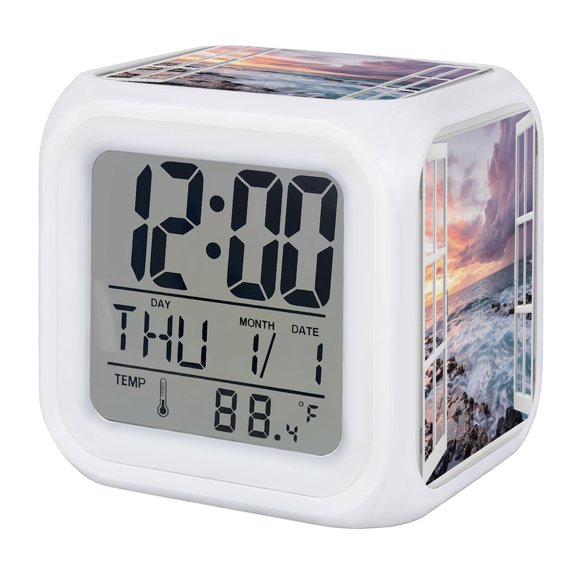 Alarm Clocks Sunset Clouds Window View Digital Clock 7 Color LED Night Light Silent Non-Ticking Battery Operated Summer Beach Waves Cube Clocks for Bedroom Bedside Living Room Office School Decor