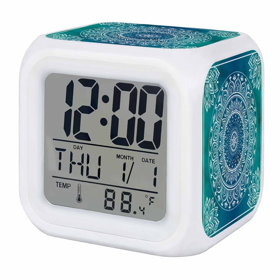 Alarm Clocks Teal Blue Boho Digital Clock 7 Color LED Night Light Silent Non-Ticking Battery Operated Gorgeous Bohemian Flower Cube Clocks Decorative for Bedroom Bedside Living Room Office School