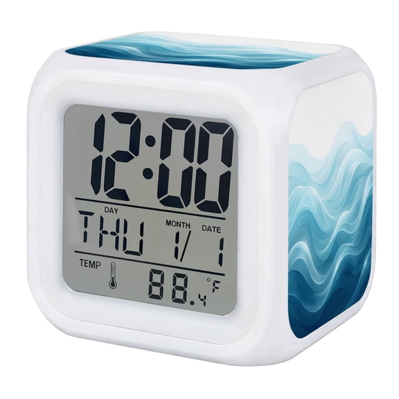 Alarm Clocks Teal Blue Fluid Waves Digital Clock 7 Color LED Night Light Silent Non-Ticking Battery Operated Gradient Layers Mountain Cube Clocks for Bedroom Bedside Living Room Office School Decor