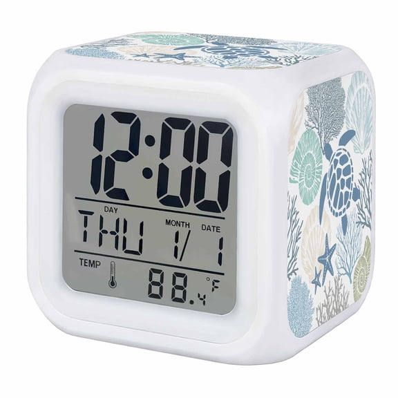 Alarm Clocks Teal Blue Turtle Digital Clock 7 Color LED Night Light Silent Non-Ticking Battery Operated Coastal Starfish Shell Ocean Coral Cube Clocks for Bedroom Bedside Living Room Office School