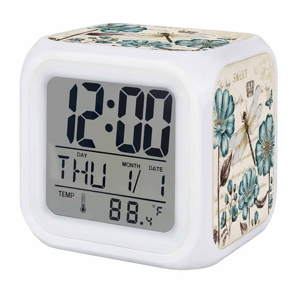 Alarm Clocks Teal Blue Wildflower Digital Clock 7 Color LED Night Light Silent Non-Ticking Battery Operated Crown Dragonfly Bohemian Cube Clocks for Bedroom Bedside Living Room Office School Decor