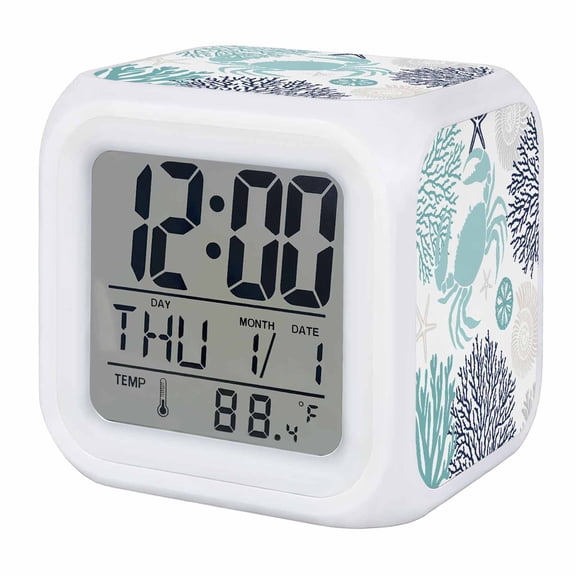 Alarm Clocks Teal Crab Digital Clock 7 Color LED Night Light Silent Non-Ticking Battery Operated Coral Starfish Shell Cube Clocks Decorative for Bedroom Bedside Living Room Office School Decor