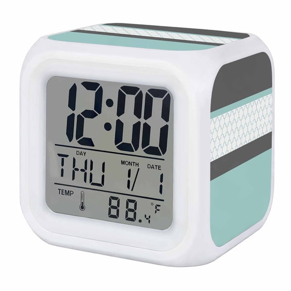 Alarm Clocks Teal Gray Geometric Digital Clock 7 Color LED Night Light Silent Non-Ticking Battery Operated Stitching Morocco Pattern Cube Clocks for Bedroom Bedside Living Room Office School