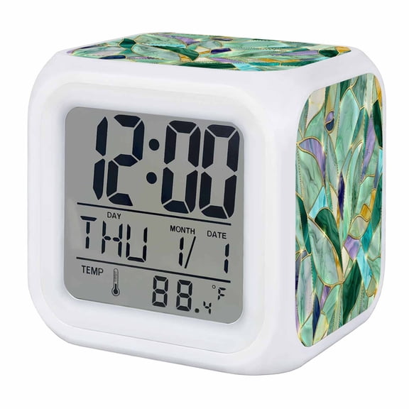 Alarm Clocks Teal Green Gold Veins Digital Clock 7 Color LED Night Light Silent Non-Ticking Battery Operated Luxury Marble Stained Glass Cube Clocks for Bedroom Bedside Living Room Office Decor