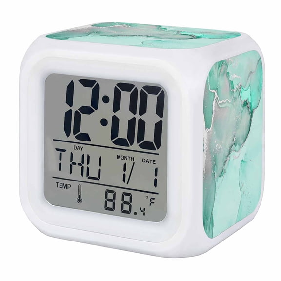 Alarm Clocks Teal Green Marble Digital Clock 7 Color LED Night Light Silent Non-Ticking Battery Operated Abstract Waves Cloud Cube Clocks Decorative for Bedroom Bedside Living Room Office School