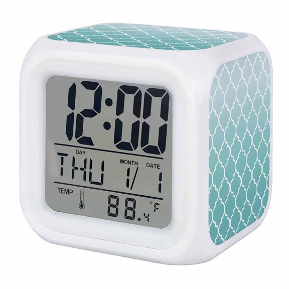 Alarm Clocks Teal Green Ombre Gradual Color Digital Clock 7 Color LED Night Light Silent Non-Ticking Battery Operated Morocco Pattern Cube Clocks for Bedroom Bedside Living Room Office School