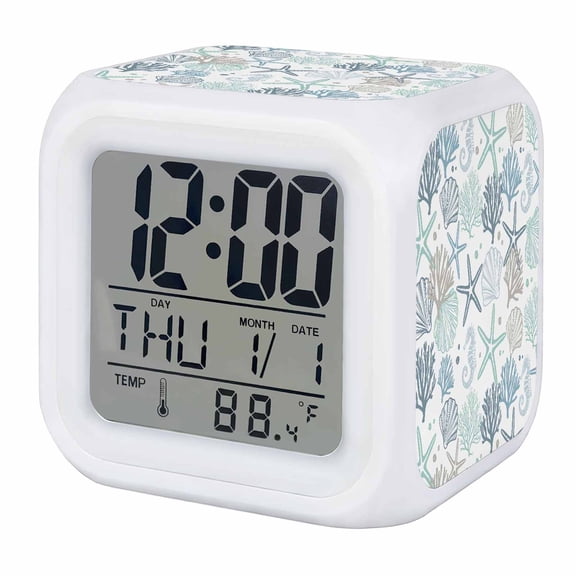 Alarm Clocks Teal Starfish Digital Clock 7 Color LED Night Light Silent Non-Ticking Battery Operated Shell Coral Marine Life Cube Clocks Decorative for Bedroom Bedside Living Room Office School