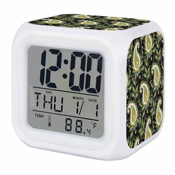 Alarm Clocks Teal Yellow Boho Abstract Flower Digital Clock 7 Color LED Night Light Silent Non-Ticking Battery Operated Bohemian Style Floral Cube Clocks for Bedroom Bedside Living Room Office
