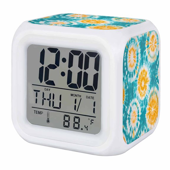 Alarm Clocks Teal Yellow Tie-Dye Art Digital Clock 7 Color LED Night Light Silent Non-Ticking Battery Operated Abstract Boho Dyeing Cube Clocks for Bedroom Bedside Living Room Office School