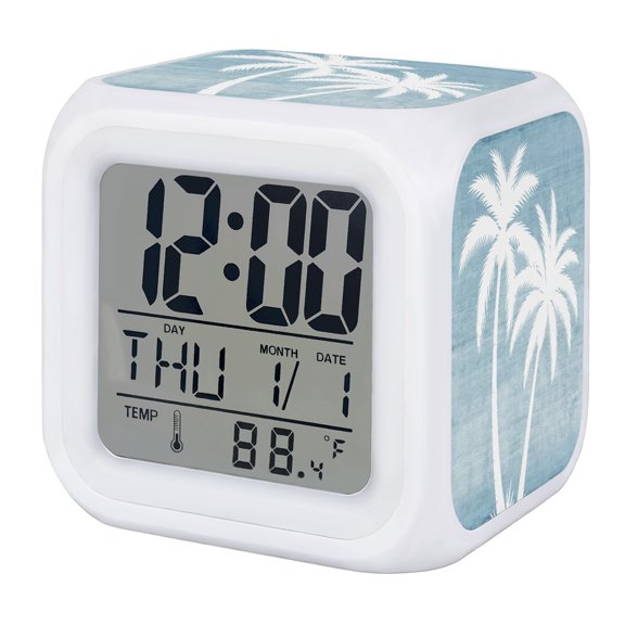Alarm Clocks Tropical Palm Tree Digital Clock 7 Color LED Night Light Silent Non-Ticking Battery Operated Summer Coastal Haze Blue Sky Cube Clocks for Bedroom Bedside Living Room Office School Decor