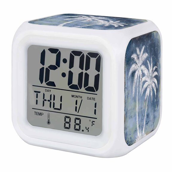 Alarm Clocks Tropical Palm Tree Digital Clock 7 Color LED Night Light Silent Non-Ticking Battery Operated Summer Coastal Navy Blue Cube Clocks for Bedroom Bedside Living Room Office School Decor
