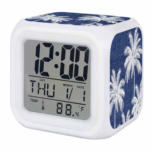 Alarm Clocks Tropical Palm Trees Digital Clock 7 Color LED Night Light Silent Non-Ticking Battery Operated Indigo Linen Coastal Cube Clocks for Bedroom Bedside Living Room Office School Decor