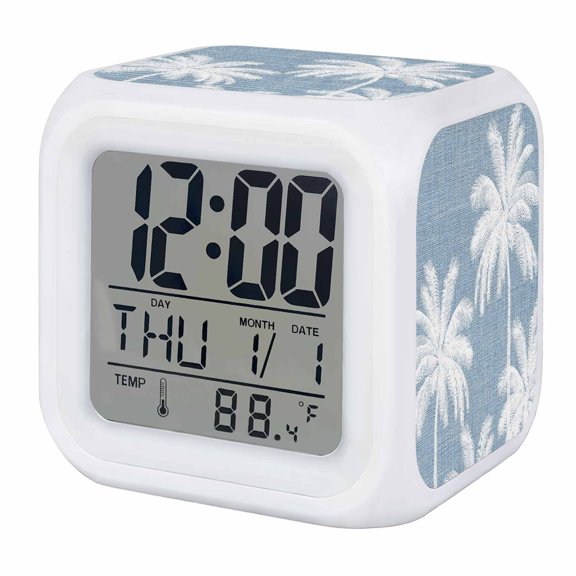 Alarm Clocks Tropical Palm Trees Digital Clock 7 Color LED Night Light Silent Non-Ticking Battery Operated Sky Blue Linen Coastal Cube Clocks for Bedroom Bedside Living Room Office School Decor
