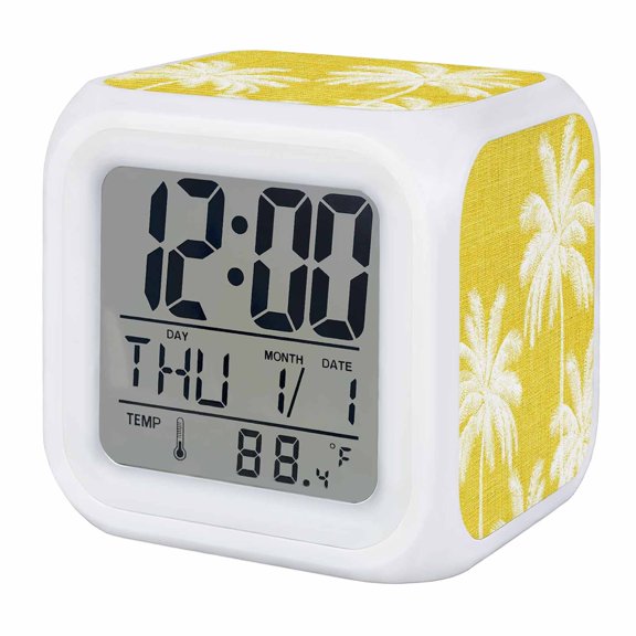 Alarm Clocks Tropical Palm Trees Digital Clock 7 Color LED Night Light Silent Non-Ticking Battery Operated Yellow Linen Coastal Cube Clocks for Bedroom Bedside Living Room Office School Decor