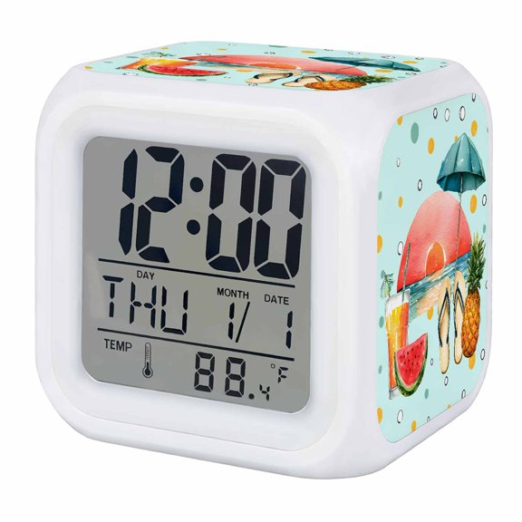 Alarm Clocks Tropical Summer Beach Sunset Digital Clock 7 Color LED Night Light Silent Non-Ticking Battery Operated Pineapple Watermelon Cube Clocks for Bedroom Bedside Living Room Office Decor