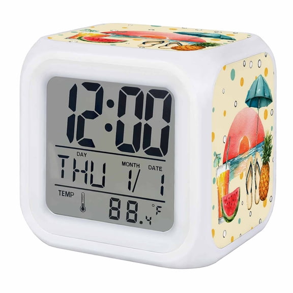 Alarm Clocks Tropical Summer Beach Sunset Digital Clock 7 Color LED Night Light Silent Non-Ticking Battery Operated Yellow Pineapple Watermelon Cube Clocks for Bedroom Bedside Living Room Decor
