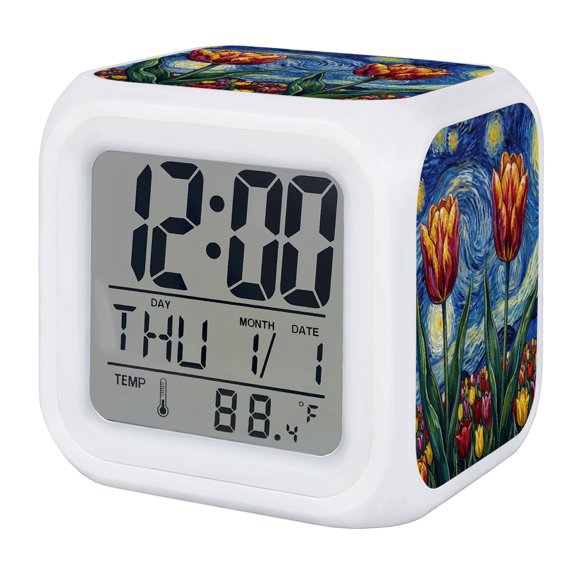 Alarm Clocks Tulip Flower Digital Clock 7 Color LED Night Light Silent Non-Ticking Battery Operated Star Moon Clouds Starry Sky Cube Clocks for Bedroom Bedside Living Room Office School Decor