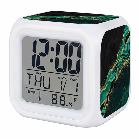 Alarm Clocks Turquoise Abstract Marble Digital Clock 7 Color LED Night Light Silent Non-Ticking Battery Operated Black Malachite Gold Veins Cube Clocks for Bedroom Bedside Living Room Office School