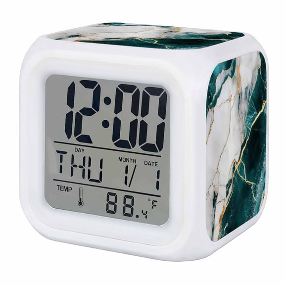 Alarm Clocks Turquoise Abstract Marble Digital Clock 7 Color LED Night Light Silent Non-Ticking Battery Operated Gold White Modern Cube Clocks for Bedroom Bedside Living Room Office School