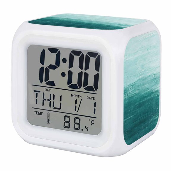 Alarm Clocks Turquoise Beach Ocean Digital Clock 7 Color LED Night Light Silent Non-Ticking Battery Operated Ombre Abstract Oil Painting Cube Clocks for Bedroom Bedside Living Room Office School