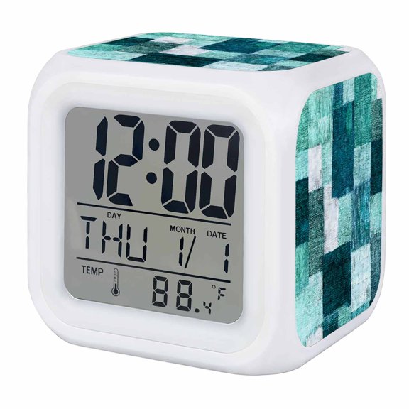 Alarm Clocks Turquoise Blocks Digital Clock 7 Color LED Night Light Silent Non-Ticking Battery Operated Modern Abstract Patchwork Cube Clocks for Bedroom Bedside Living Room Office School Decor