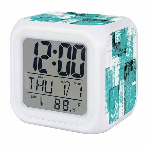 Alarm Clocks Turquoise Floral Leaves Digital Clock 7 Color LED Night Light Silent Non-Ticking Battery Operated Boho Graffiti Plaid Collage Cube Clocks for Bedroom Bedside Living Room Office School