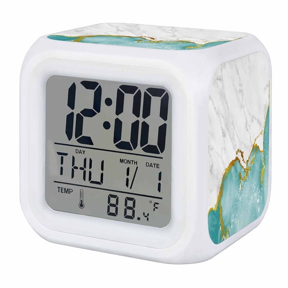 Alarm Clocks Turquoise Marble Digital Clock 7 Color LED Night Light Silent Non-Ticking Battery Operated White Modern Abstract Art Luxury Cube Clocks for Bedroom Bedside Living Room Office School