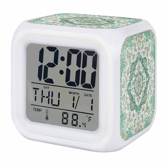 Alarm Clocks Turquoise Medieval Flowers Digital Clock 7 Color LED Night Light Silent Non-Ticking Battery Operated Retro Bohemian Pattern Cube Clocks for Bedroom Bedside Living Room Office School