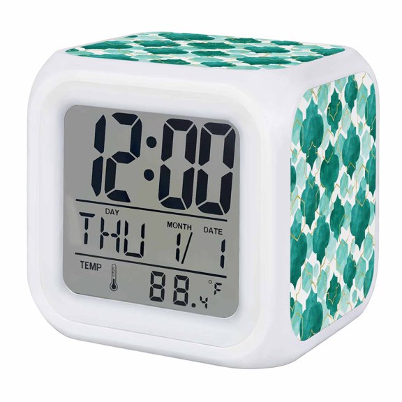 Alarm Clocks Turquoise Moroccan Digital Clock 7 Color LED Night Light Silent Non-Ticking Battery Operated Gradient Modern Geometric Cube Clocks for Bedroom Bedside Living Room Office School