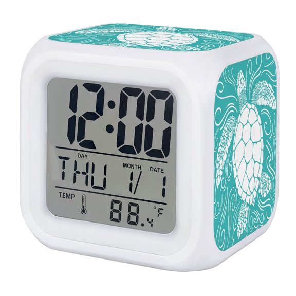 Alarm Clocks Turquoise Sea Turtle Digital Clock 7 Color LED Night Light Silent Non-Ticking Battery Operated Coastal Marine Life Waves Cube Clocks for Bedroom Bedside Living Room Office School Decor