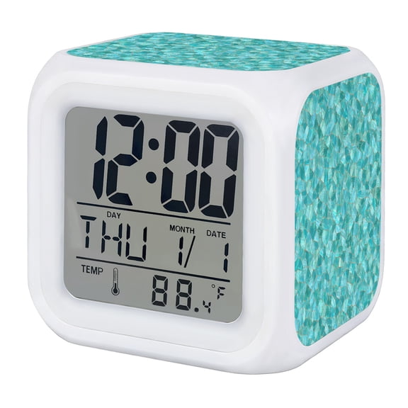 Alarm Clocks Turquoise Shattered Glass Pattern Digital Clock 7 Color LED Night Light Silent Non-Ticking Battery Operated Coastal Shiny Tile Cube Clocks for Bedroom Bedside Living Room Office Decor